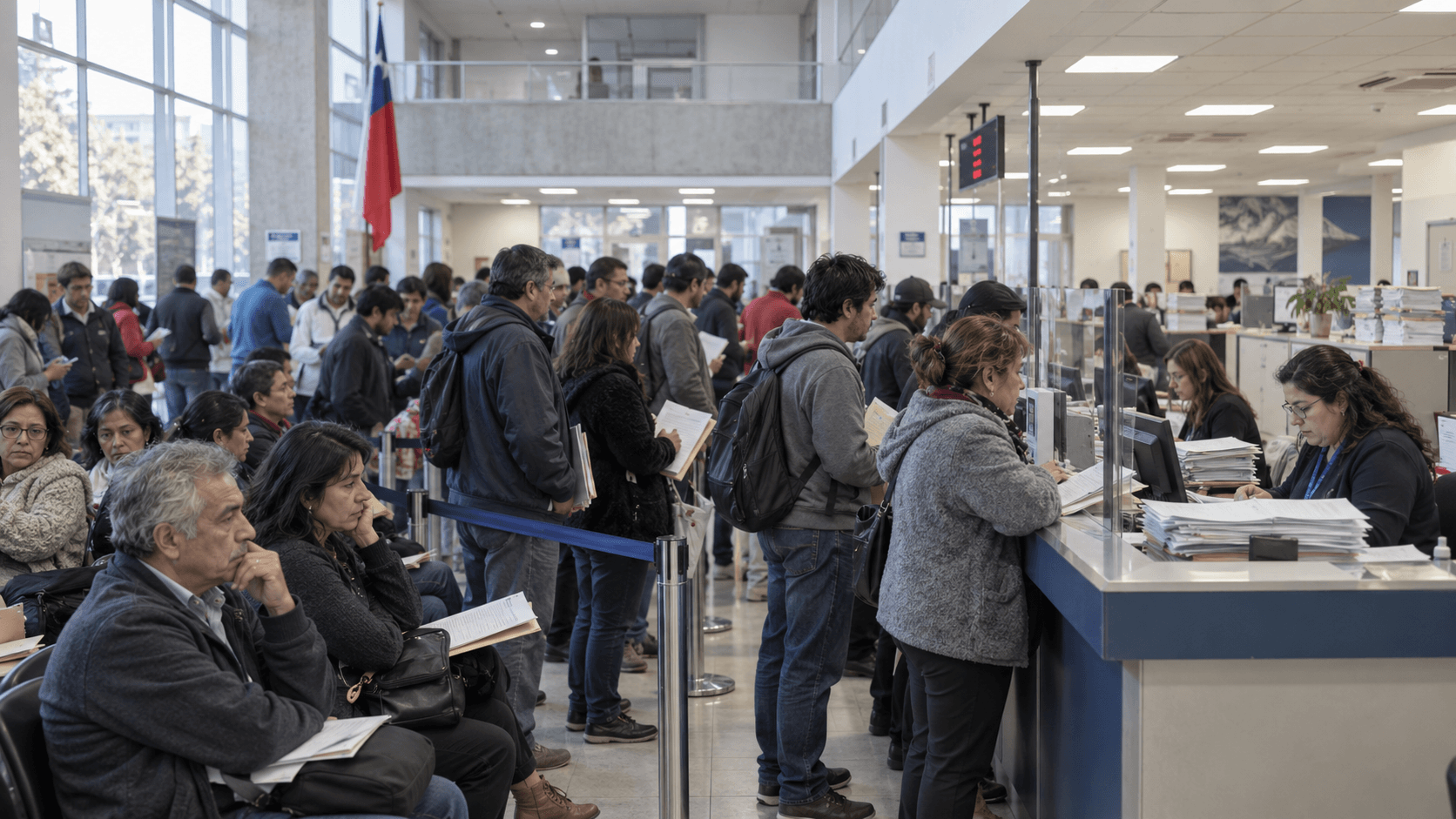 Municipalidad chilena con una larga fila de personas y atención saturada