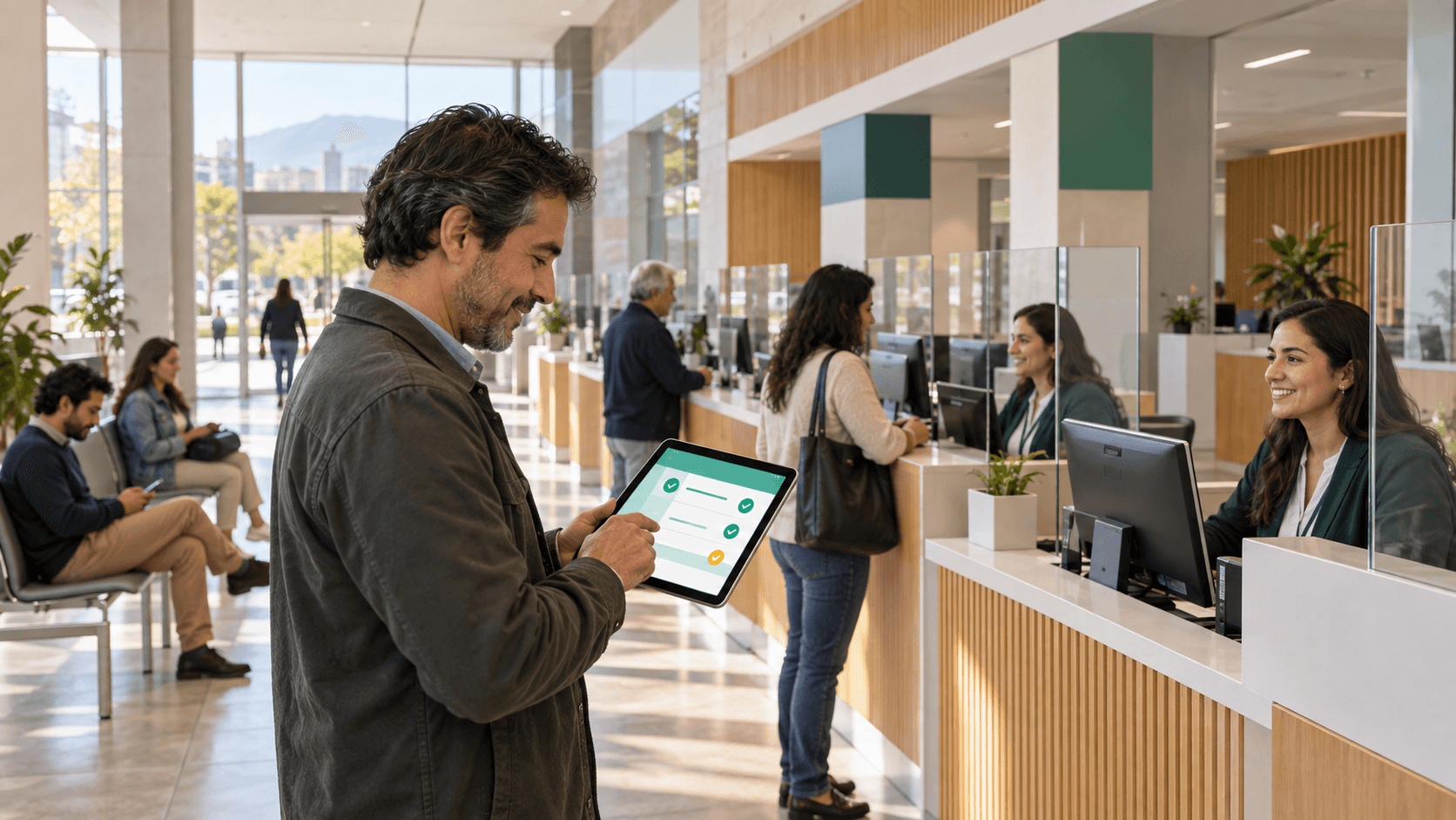 Persona revisando su checklist de patente municipal en una tablet, con expediente validado